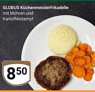 GLOBUS Küchenmeisterfrikadelle mit Möhren und Kartoffelstampf
