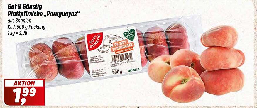 Gut & Günstig Plattpfirsiche „Paraguayos“ aus Spanien 500 g Packung