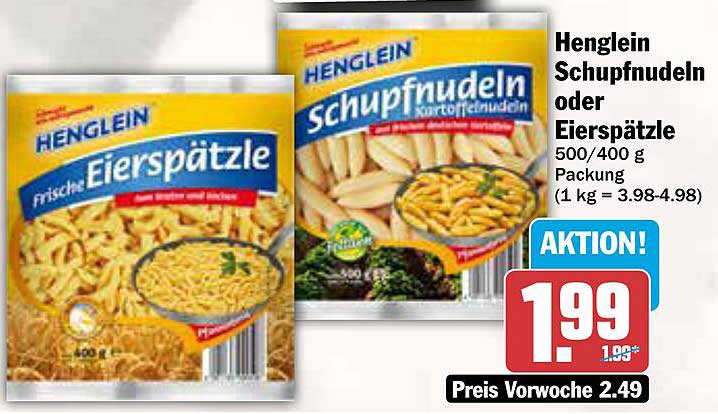 Henglein Schupfnudeln oder Eierspätzle 500/400 g Packung