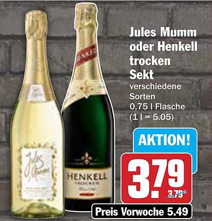 Jules Mumm oder Henkel trocken Sekt 0,75 l Flasche