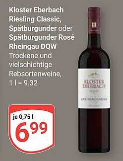 Kloster Eberbach Riesling Classic, Spätburgunder oder Spätburgunder Rosé Rheingau DQW 0,75 l für nur 6,99 €