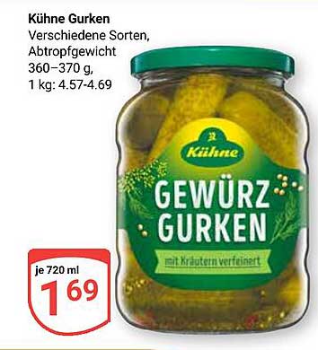 Kühne Gewürz-Gurken – Verschiedene Sorten, Abtropfgewicht 360–370 g