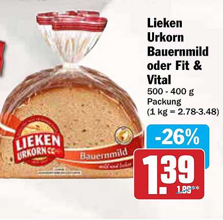 Lieken Urkorn Bauernmild oder Fit & Vital - 500 g Packung