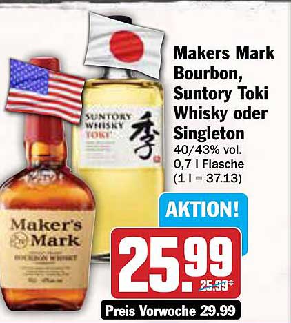 Makers Mark Bourbon, Suntory Toki Whisky oder Singleton