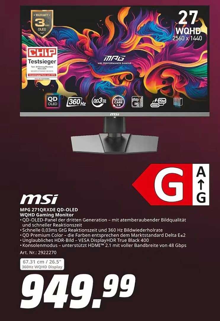 MSI MPG Z71QRXDE QD-OLED WQHD Gaming Monitor