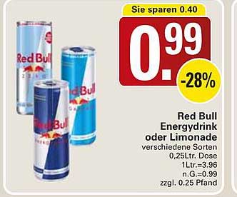 Red Bull Energydrink oder Limonade verschiedene Sorten 0,25L. Dose