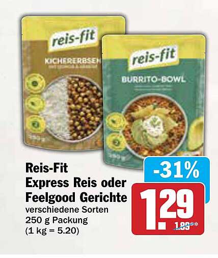 Reis-Fit Express Reis oder Feelgood Gerichte verschiedene Sorten 250 g Packung