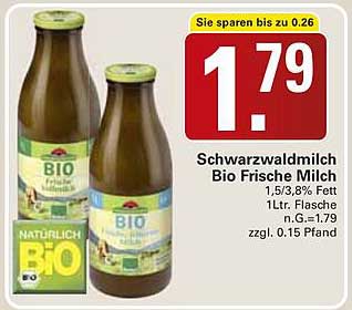 Schwarzwaldmilch Bio Frische Milch 1,5/3,8% Fett 1L Flasche