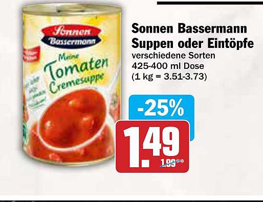 Sonnen Bassermann Suppen oder Eintöpfe verschiedene Sorten 425-400 ml Dose