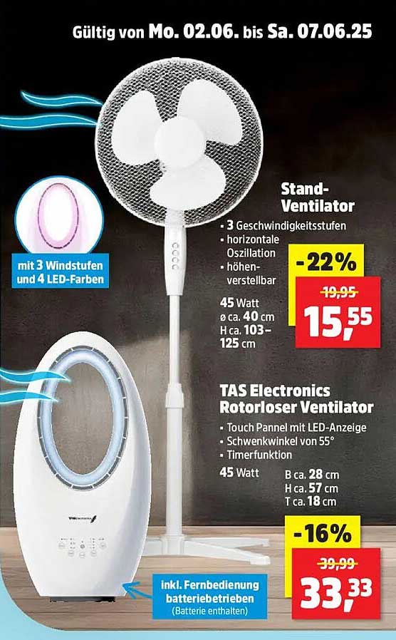 Stand-Ventilator und TAS Electronics Rotorloser Ventilator