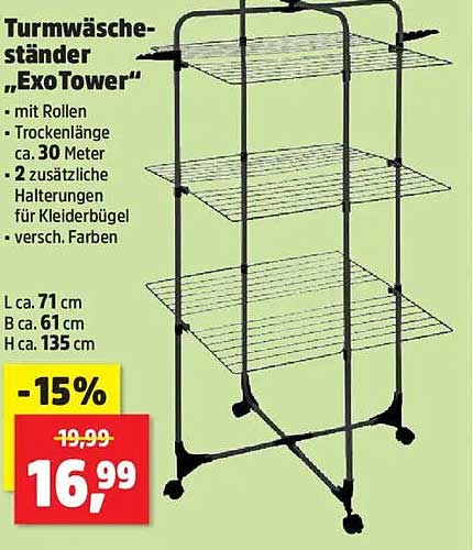 Turmwäscheständer „ExoTower“ – mit Rollen und 30 Metern Trockenlänge