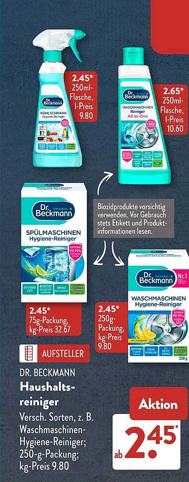 DR. BECKMANN Haushaltsreiniger Versch. Sorten, z. B. Waschmaschinen-Hygiene-Reiniger; 250-g-Packung; kg-Preis 9.80