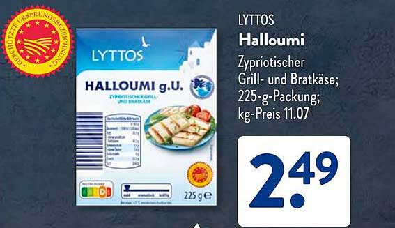LYTTOS Halloumi Zypriotischer Grill- und Bratkäse; 225-g-Packung; kg-Preis 11.07