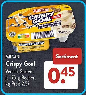 MILSANI Crispy Goal Versch. Sorten; je 175-g-Becher; kg-Preis 2.57