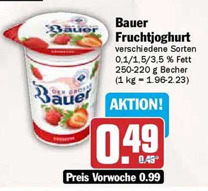 Bauer Fruchtjoghurt verschiedene Sorten 0,1/1, 5/3,5 % Fett 250-220 g Becher