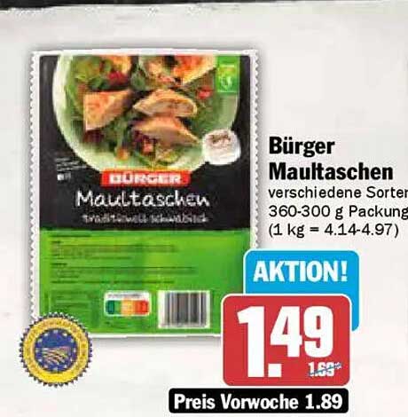 Bürger Maultaschen verschiedene Sorten 360-300 g Packung