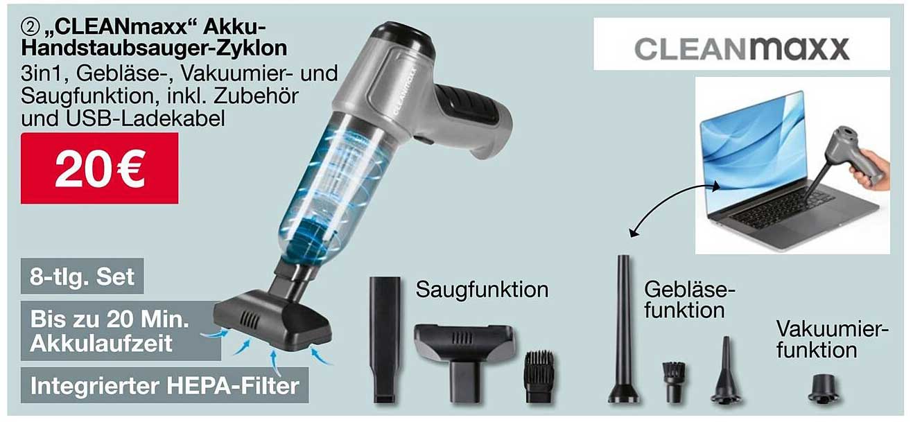 „CLEANmaxx“ Akku-Handstaubsauger-Zykon 3in1