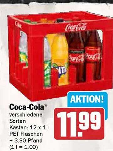 Coca-Cola verschiedene Sorten Kasten: 12 x 1 l PET Flaschen + 3.30 Pfand (1 l = 1.00)