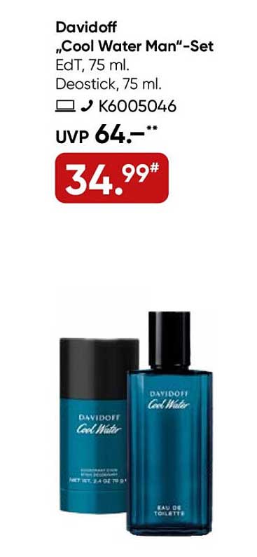 Davidoff "Cool Water Man"–Set EdT, 75 ml, Deostick, 75 ml
