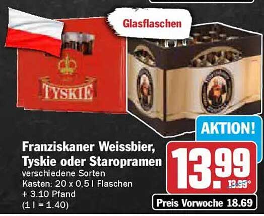 Franziskaner Weissbier, Tyskie oder Staropramen Kasten (20 x 0,5 l Flaschen)