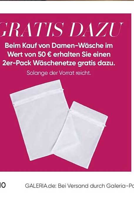 GRATIS DAZU: Beim Kauf von Damen-Wäsche im Wert von 50 € erhalten Sie einen 2er-Pack Wäschenetze gratis dazu.