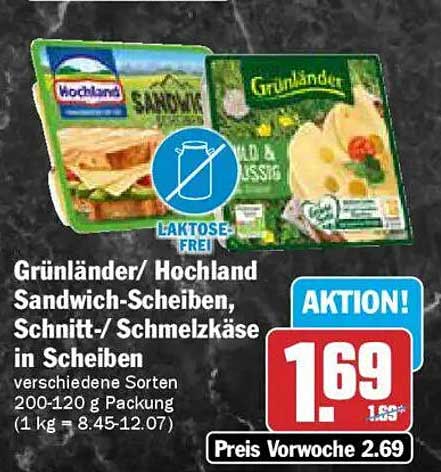 Grünländer/Hochland Sandwich-Scheiben, Schnitt-/Schmelzkäse in Scheiben