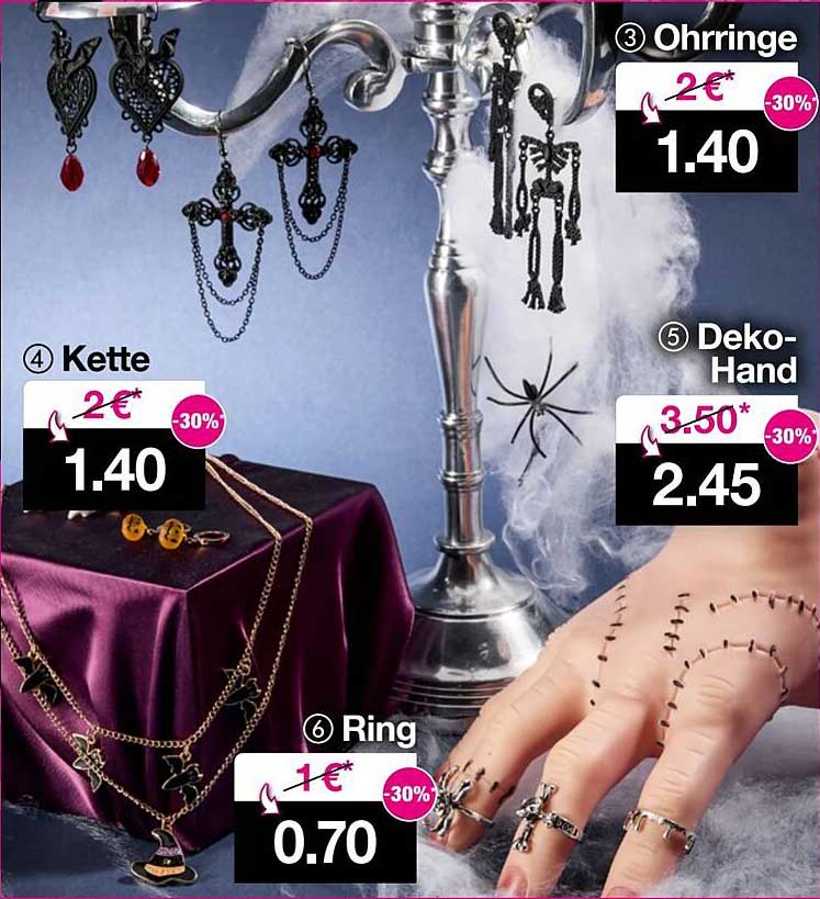 Halloween Schmuck-Angebot: Kette, Ohrringe, Ring und Deko-Hand