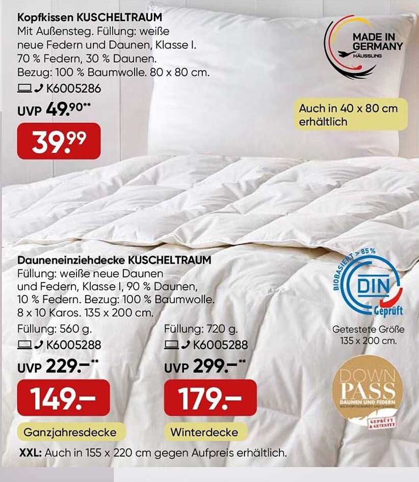 Kopfkissen KUSCHELTRAUM und Dauneinziehdecke KUSCHELTRAUM