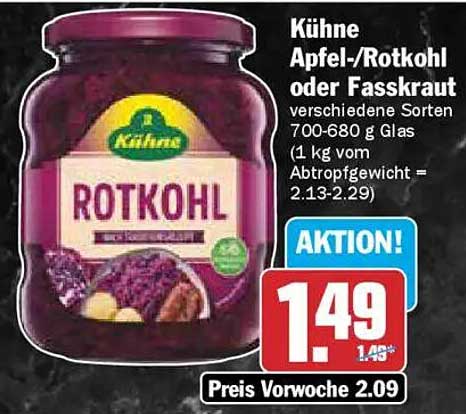 Kühne Apfel-/Rotkohl oder Fasskraut verschiedene Sorten 700-680 g Glas