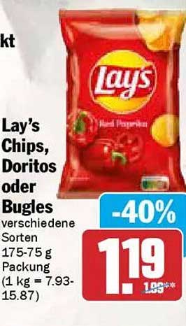 Lay’s Chips, Doritos oder Bugles 175-75 g Packung