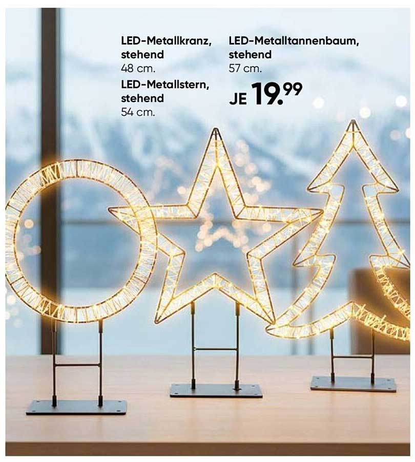 LED-Metallkranz, stehend 48 cm, LED-Metallstern, stehend 54 cm, LED-Metalltannenbaum, stehend 57 cm