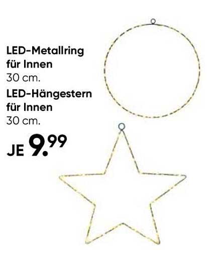 LED-Metallring für Innen und LED-Hängestern für Innen, 30 cm.