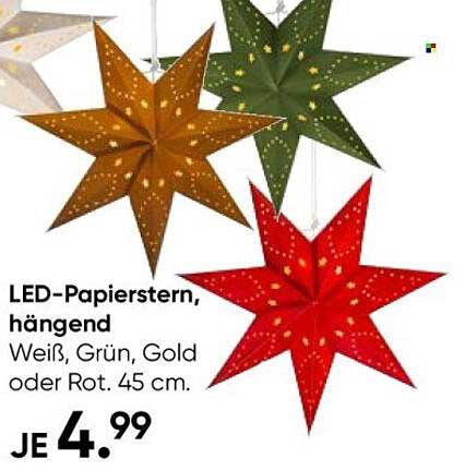 LED-Papierstern, hängend - Weiß, Grün, Gold oder Rot, 45 cm.