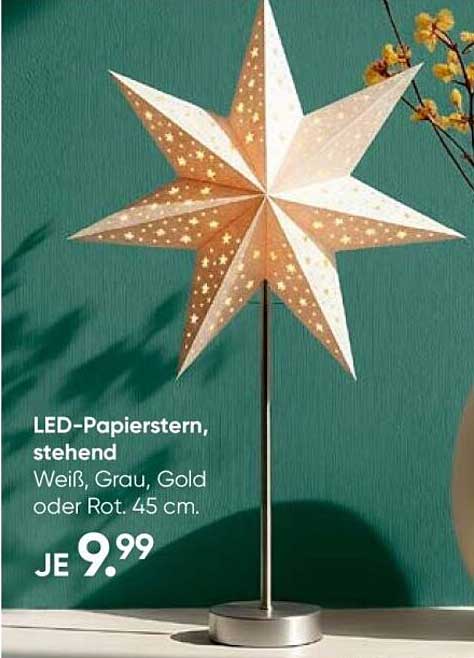 LED-Papierstern, stehend – Weiß, Grau, Gold oder Rot, 45 cm.