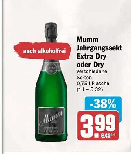 Mumm Jahrgangssekt Extra Dry oder Dry verschiedene Sorten 0,75 l Flasche