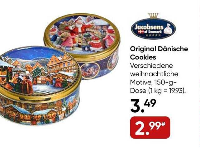 Original Dänische Cookies - Verschiedene weihnachtliche Motive, 150-g-Dose (1 kg = 19,93)