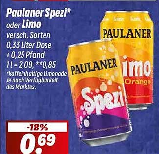 Paulaner Spezi oder Limo, 0,33 Liter Dose