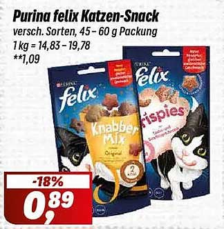 Purina felix Katzen-Snack, verschiedene Sorten, 45 - 60 g Packung