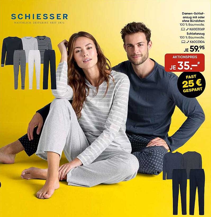 Schiesser Damen-Schlafanzug mit oder ohne Bündchen 100 % Baumwolle